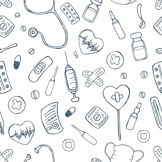 Cartoon pattern with medical objects on a white background Medical seamless pattern