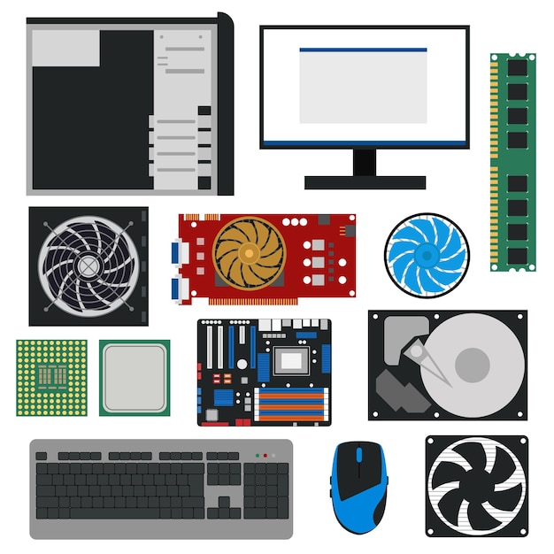 Cartoon pc-componenten voor computer winkel instellen technologie concept platte ontwerpstijl omvatten monitor RAM koeler en hdd vectorillustratie van pc-element