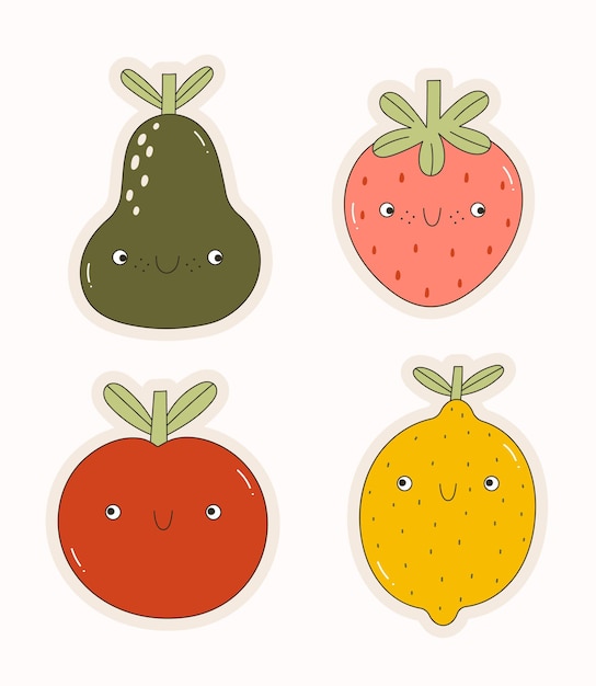 Cartoon pear lemon apple strawberry vector set of stickers with kawaii fruits