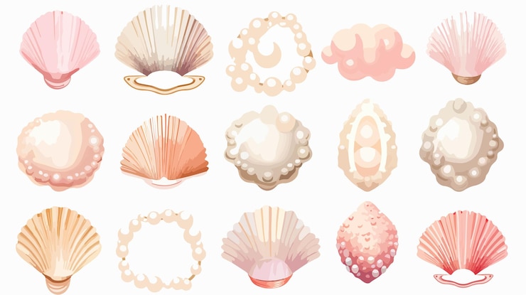 Vector cartoon pearl shells underwater pearls in shell marine life and ocean seashells concept