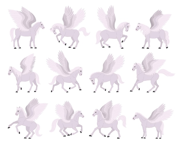 Vector cartoon pegasus magical winged horses fairy graceful horse with wings flying mythology animals flat vector illustration set beautiful pegasus collection