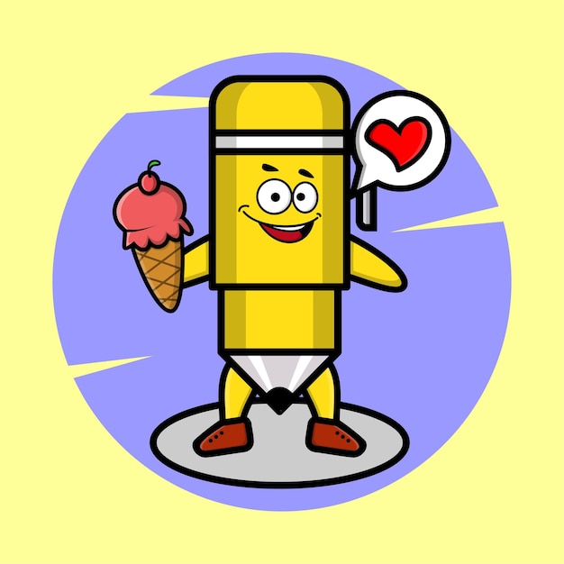 Cartoon pen mascot holding ice cream cone cute style design for tshirt sticker logo element