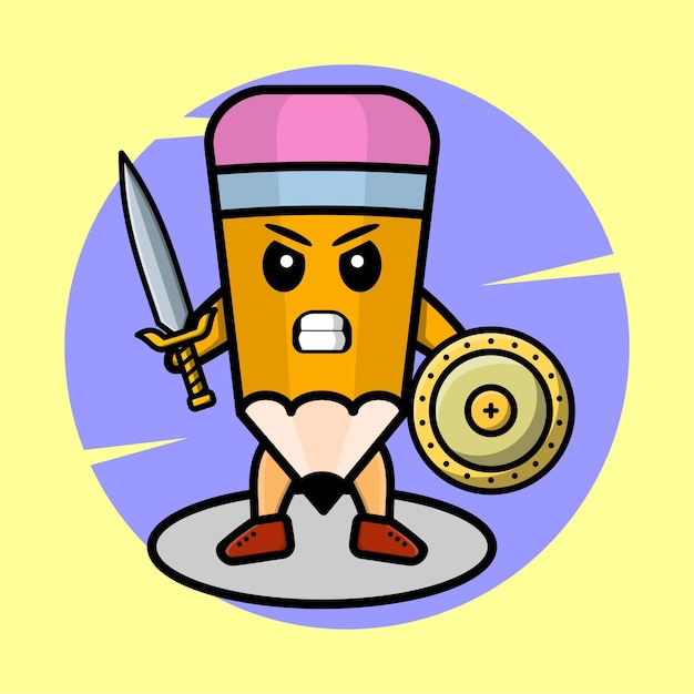 Cartoon pencil mascot holding sword and shield in cute style for tshirt sticker logo element