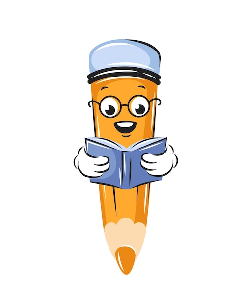 Cartoon pencil reading a book Knowledge and education concept