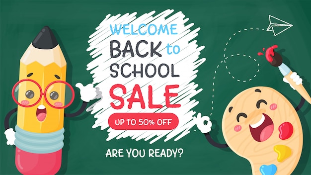 Vector cartoon pencil write a welcome message back to school on the blackboard.