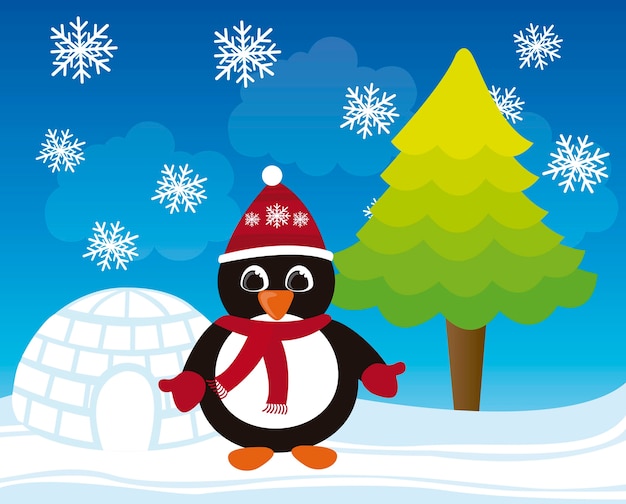 Cartoon penguin christmas winter landscape vector