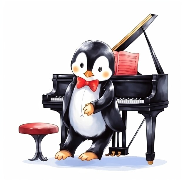 Cartoon penguin dress red color clothes playing piano w