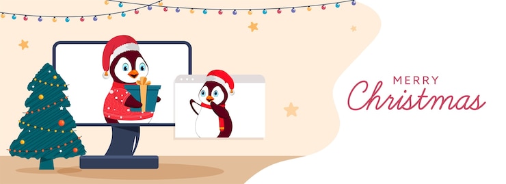 Vector cartoon penguin giving online gift to their friends through desktop