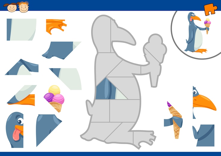 Vector cartoon penguin jigsaw puzzle task