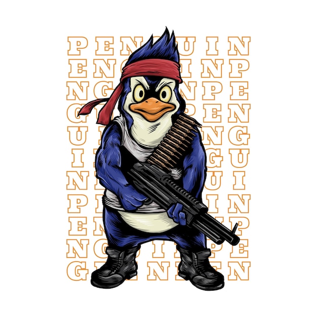 Cartoon Penguin Warrior Bring Gun