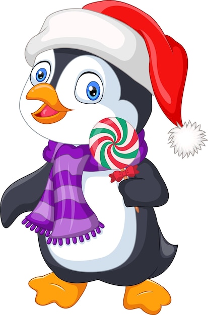 Cartoon penguin wearing hat and scarf holds a lollipops