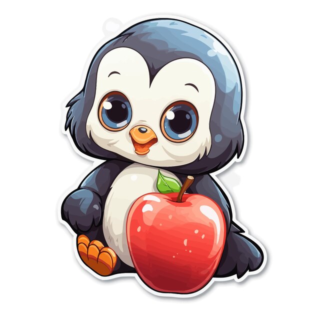 a cartoon of a penguin with an apple and an apple.