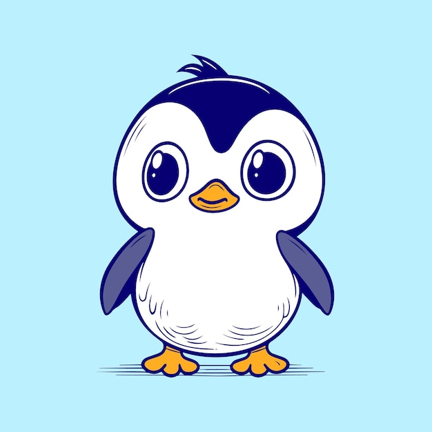 A cartoon penguin with blue eyes and a black and white face.