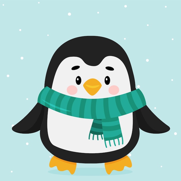 Vector cartoon penguin with a green scarf on a snowy background