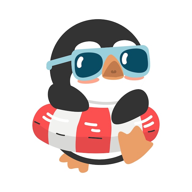 Vector cartoon penguin with inflatable ring and sunglasses