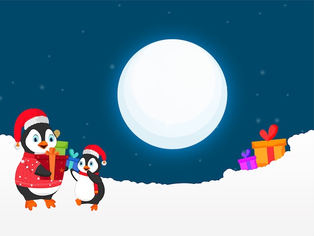 Cartoon penguins character with gift boxes and snowy on full moon blue background