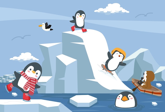 Vector cartoon penguins winter north pole arctic