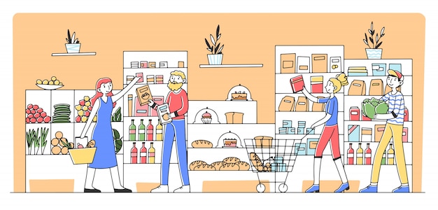 Vector cartoon people buying products at grocery store