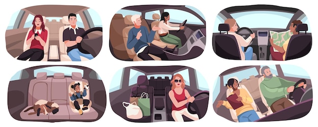 Cartoon people in cars Drivers and passengers in vehicles men women and children child safety seat leather interior Automobile traffic Girls and boys drivers in auto Tidy vector set