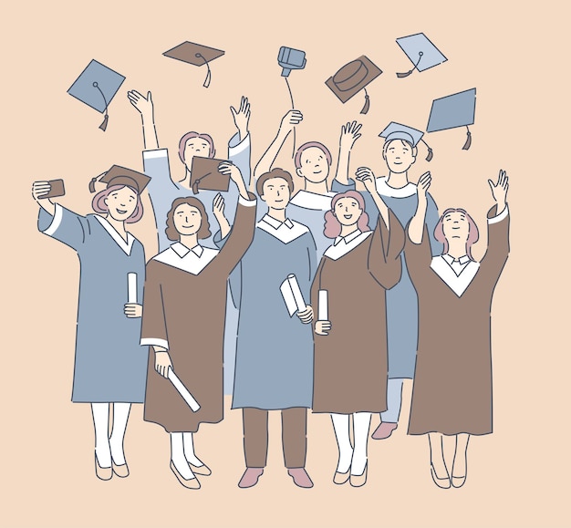 漫画の人々 は大学からの卒業を祝う 幸せな卒業生は卒業の帽子を投げる
