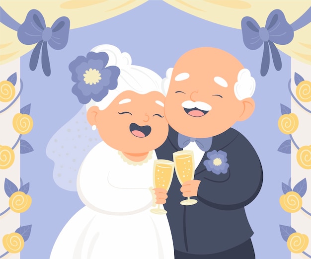 Cartoon people celebrating golden wedding anniversary