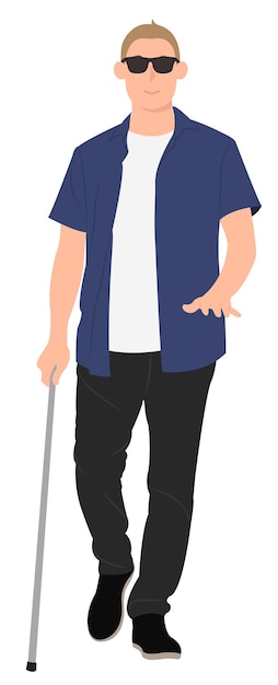 Cartoon people character design blind young man walk with a walking cane. ideal for both print and web design.