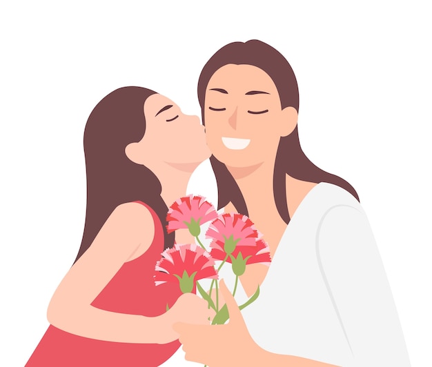 Vector cartoon people character design happy mothers day child daughter kissing mom and giving her carnation flower as a present. ideal for both print and web design.