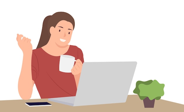 Cartoon people character design young woman holding coffee cup sitting in front of desk using laptop.
