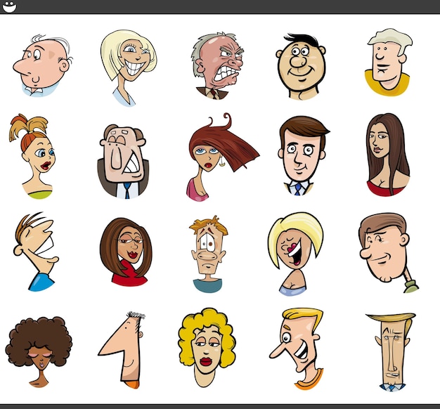 Vector cartoon people characters faces moods set