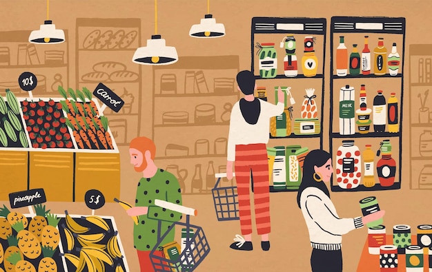 Мультяшные люди выбирают и покупают свежие продукты в векторной плоской иллюстрации продуктового магазина. Красочный покупатель мужчина и женщина в супермаркете. Покупатели покупают еду в розничном магазине.