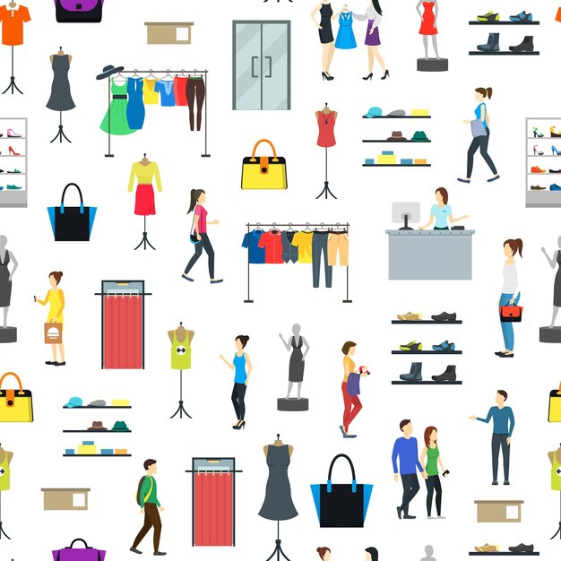 Vector cartoon people in clothing store seamless pattern background sale retail shope concept