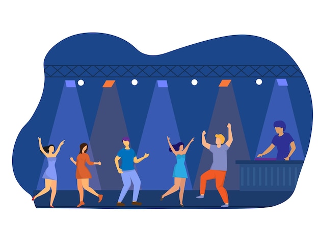 Vector cartoon people dancing in the colorful spotlights at the disco club night party