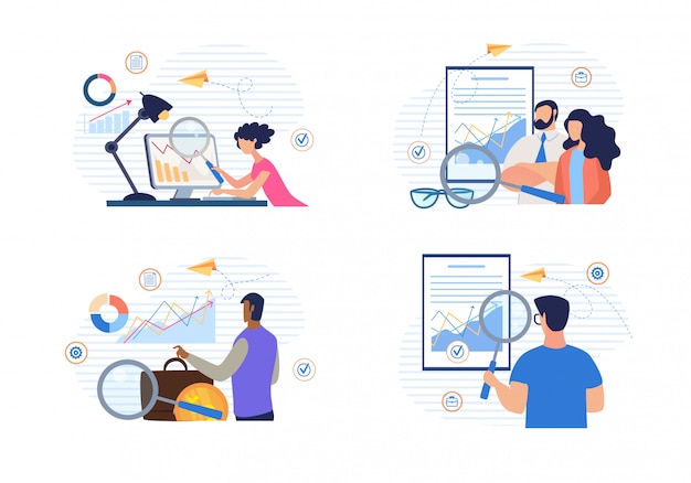 Cartoon People Doing Financial Data Analysis Set