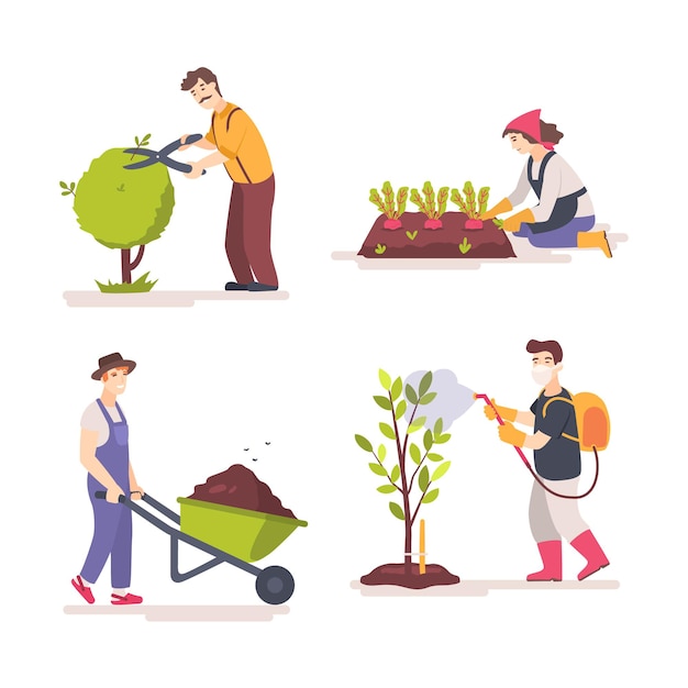 Cartoon people doing gardening job.