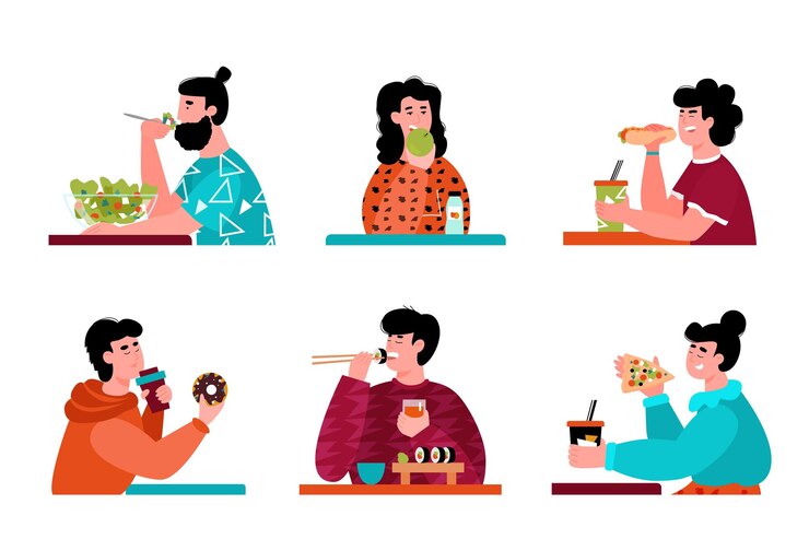 ファーストフードや健康的な食事で男性と女性のセットを食べる漫画の人々
