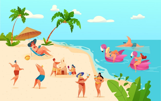 Cartoon people having fun at summer beach on vacation on seaside background. young man, woman at lounge, play volleyball, build sand castle, vector pink unicorn flamingo inflatable ring.