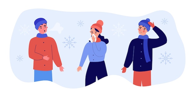 ベクトル 冬に健康上の問題を抱えている漫画の人々。風邪、鼻水、頭痛、発熱フラットベクトルイラストを持っている男性と女性。バナー、ウェブサイトのデザインまたはランディングウェブページの冬の病気の概念