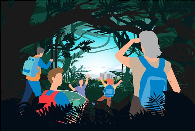 A cartoon of people in a jungle with a blue backpack and a man in a blue shirt.