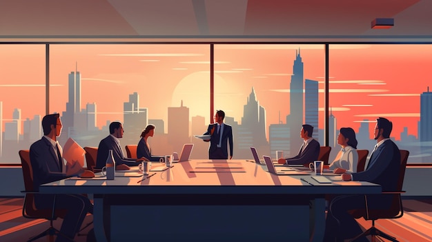 Vector a cartoon of people in a meeting with a city skyline in the background