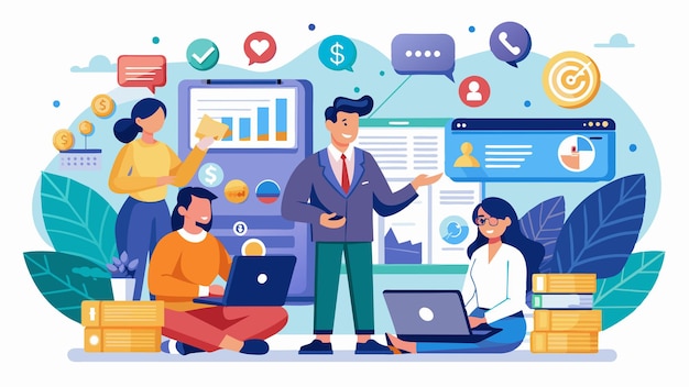a cartoon of people in a meeting with the companys website