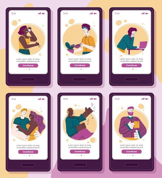 Cartoon people in mobile app screen template set vector illustration