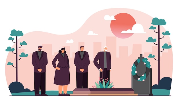 Vector cartoon people in mourning clothes attending funeral