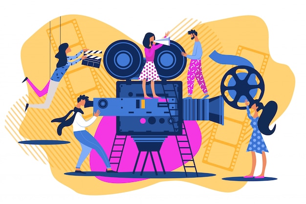 Vector cartoon people on movie set cinema scene shoot