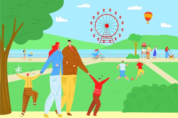 Vettore cartoni animati nel parco con illustrazione del vettore della ruota panoramica tempo libero in famiglia con un design di intrattenimento per bambini felice per i bambini