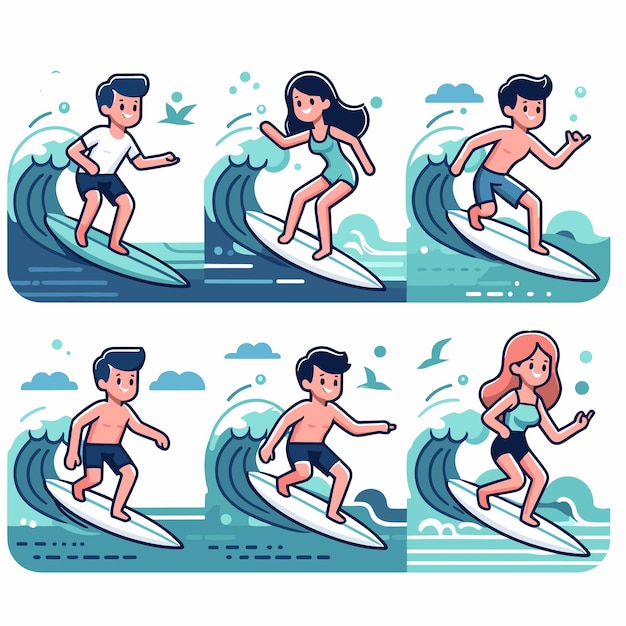 cartoon people set surfing the waves clip art