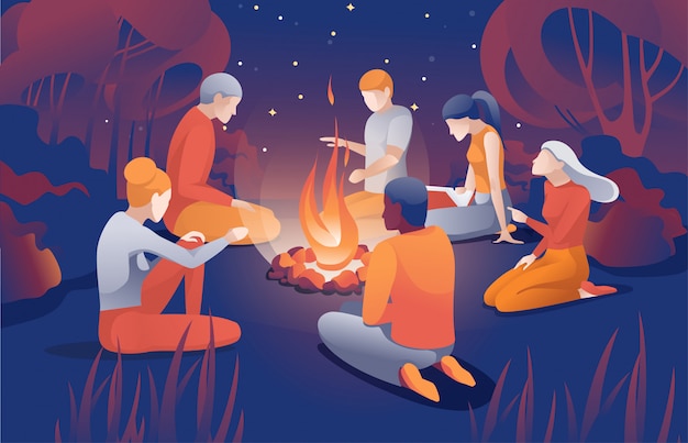 Vector cartoon people sit near bonfire at summer night