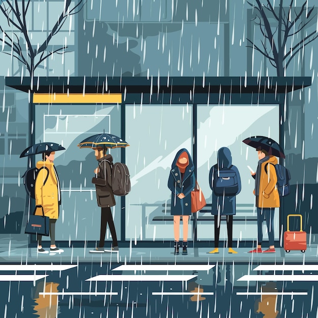 Vector cartoon_people_standing_at_city_bus_stop_on_rain