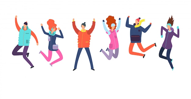 Vector cartoon people in winter clothes jumping.