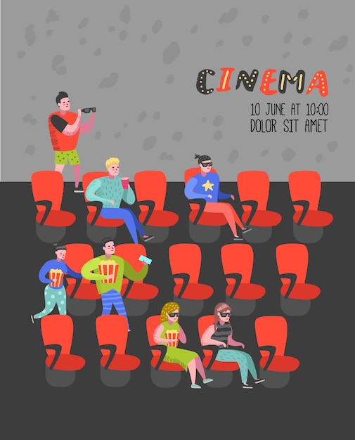 Vettore gente del fumetto con popcorn e soda guardando film nel poster dei sedili del cinema