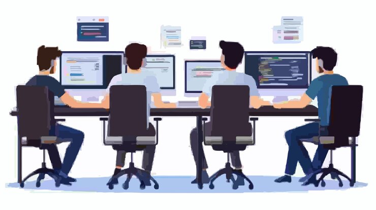 Vector a cartoon of people working at a computer with the words  code  on the screen